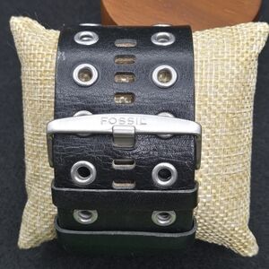 Fossil Black Leather Bracelet with Silver Accents